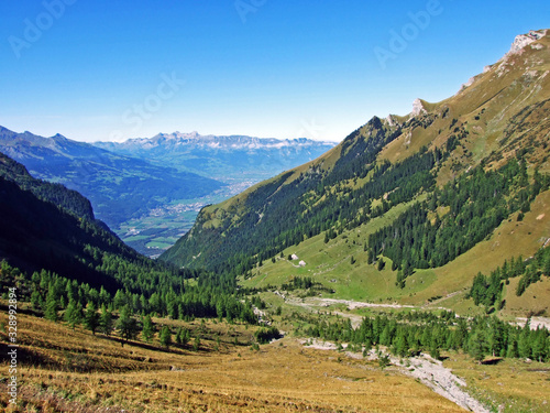 View of the river Rhine Valley in the Bündner Herrschaft (Buendner Herrschaft) region and next to the state of Liechtenstein , Mainfeld - Canton of Grisons (Graubünden or Graubuenden), Switzerland photo