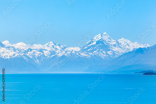 Azure waters of Lake Pukaki with mighty Mt Cook on the horizon, South Island, New Zealand