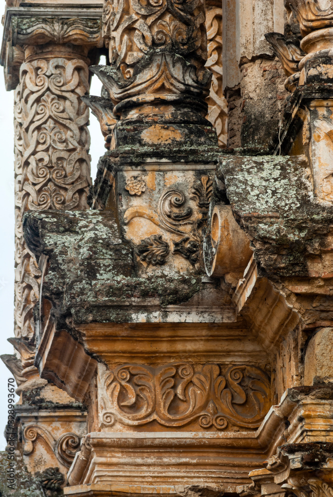   Architecture detail facades and columns of Our Lady of Carmen Church, Antigua Guatemala, Spanish Baroque, The origins of this building date from 1638, destroyed by four earthquakes
