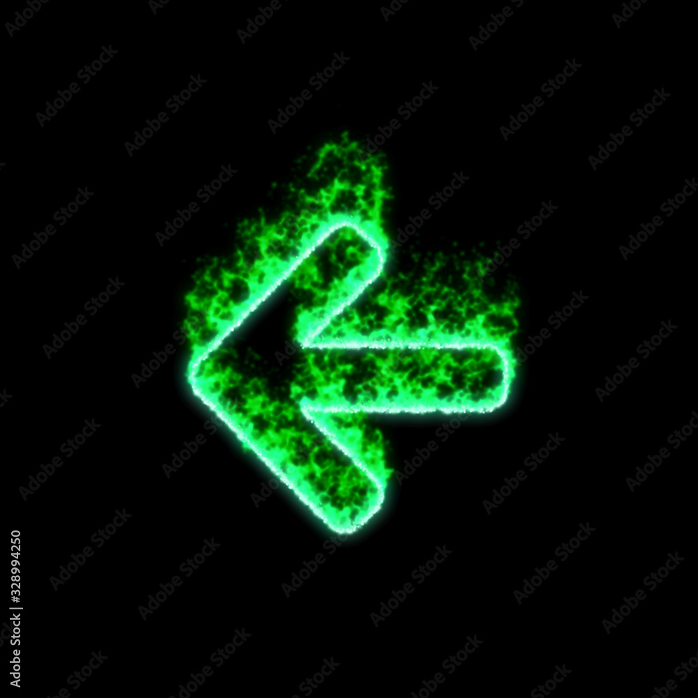 The symbol arrow left burns in green fire The symbol arrow left burns in green fire