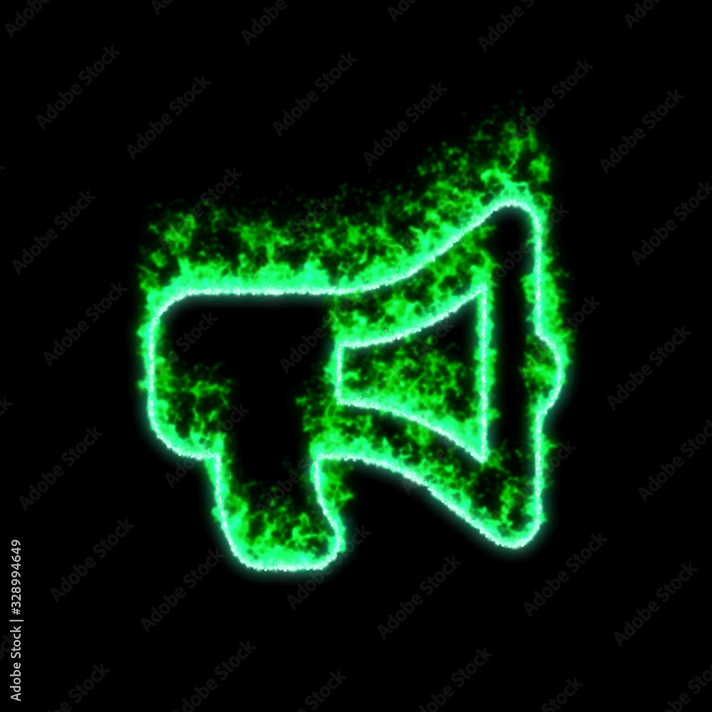 The symbol bullhorn burns in green fire The symbol bullhorn burns in green fire