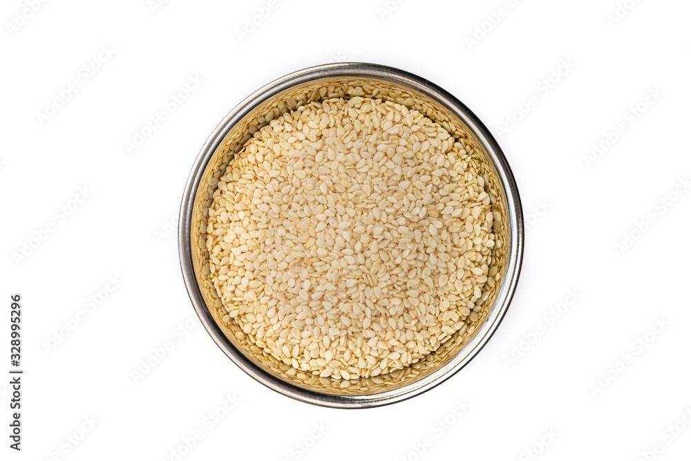 Sesame Seed in Stainless Steel bowl isolated on a white background, cooking ingredient and garnish. Closeup detail, delicious raw seed. Sesame Seed in Stainless Steel bowl isolated on a white background, cooking ingredient and garnish. Closeup detail, delicious raw seed.