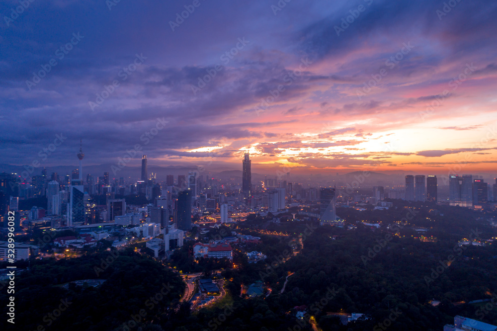 Aerial Panoramic view of Kuala Lumpur with majestics sunrise at changkat tunku.