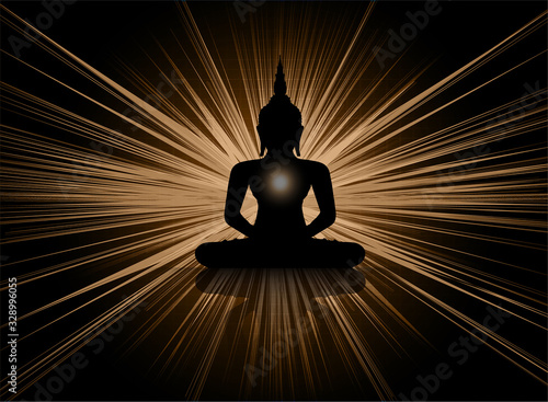 Black Buddha silhouette against Dark brown background. yoga