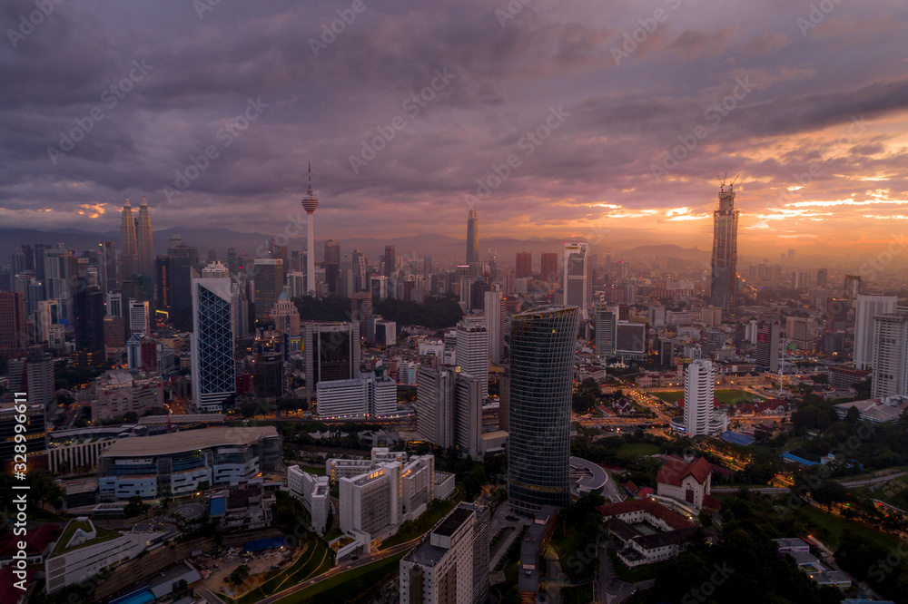 KUALA LUMPUR, September 9, 2019: Aerial view of Kuala Lumpur, Malaysia during majestic sunrise. Financial and business centre of the metropolis, Kuala Lumpur, Malaysia.