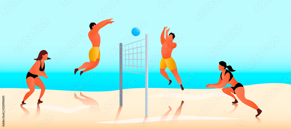 Men and women play beach volleyball against a blue sky background. Flat vector illustration.
