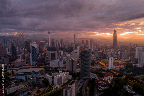 KUALA LUMPUR  September 9  2019  Aerial view of Kuala Lumpur  Malaysia during majestic sunrise. Financial and business centre of the metropolis  Kuala Lumpur  Malaysia.