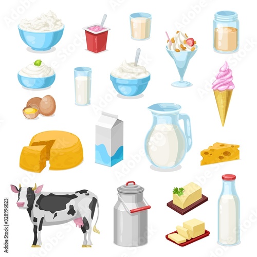 Farm milk, cheese and butter icons of dairy food