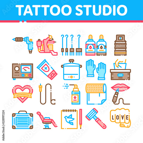 Tattoo Studio Tool Collection Icons Set Vector. Tattoo Studio Machine And Razor Equipment, Chair And Case, Cream And Ink Bottles Concept Linear Pictograms. Color Contour Illustrations
