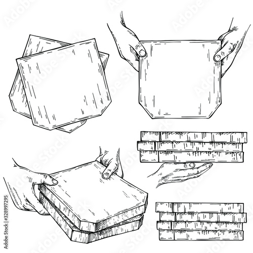 Hand drawn ink set of pizza boxes. Courier holding cardboard boxes with pizza in hand . Sketch Open pizza box. Hand drawn Pizza in cardboard box. Delivery vintage ink illustration