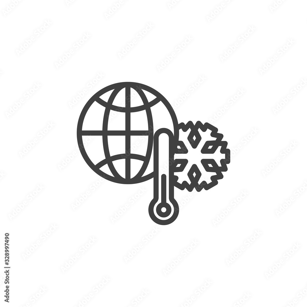 World cold temperature line icon. linear style sign for mobile concept and web design. Global Thermometer with snowflake outline vector icon. Meteorology symbol, logo illustration. Vector graphics World cold temperature line icon. linear style sign for mobile concept and web design. Global Thermometer with snowflake outline vector icon. Meteorology symbol, logo illustration. Vector graphics