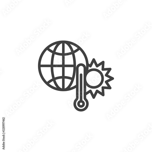 Hot weather thermometer line icon. Globe sun and thermometer linear style sign for mobile concept and web design. Global warming climate outline vector icon. Symbol, logo illustration. Vector graphics