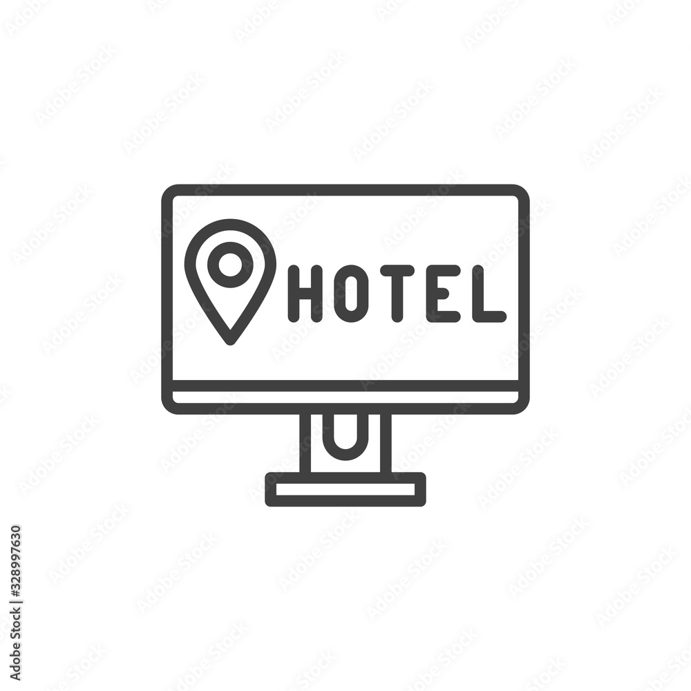 Online hotel booking line icon. linear style sign for mobile concept and web design. Computer display with hotel location pin outline vector icon. Symbol, logo illustration. Vector graphics Online hotel booking line icon. linear style sign for mobile concept and web design. Computer display with hotel location pin outline vector icon. Symbol, logo illustration. Vector graphics