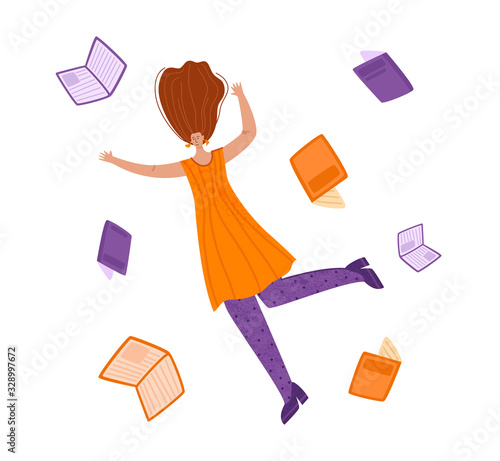 Flying dreaming girl with books, study or literature fan concept, cute woman in dynamic pose flys - isolated on white. flat female cartoon textured character - vector illustration