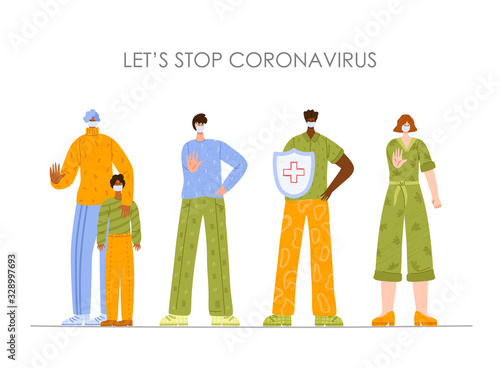 Coronavirus 2019-nCoV concept. People wearing face mask - men, woman, child. Protection, prevention novel coronavirus 2019-nCoV. Group of people in breathing mask, man with shield. Vector illustration