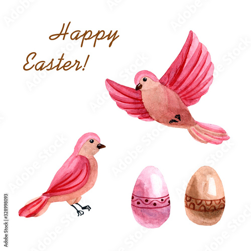 Watercolor cute pink birds with Easter eggs isolated on white background