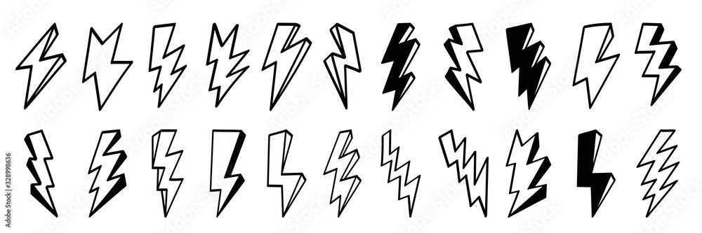 Lightning bolt icons set. Thunder hand drawn doodle. Vector illustration - obrazy, fototapety, plakaty 