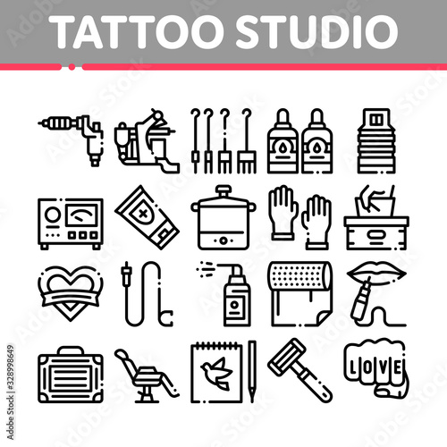Tattoo Studio Tool Collection Icons Set Vector. Tattoo Studio Machine And Razor Equipment, Chair And Case, Cream And Ink Bottles Concept Linear Pictograms. Monochrome Contour Illustrations