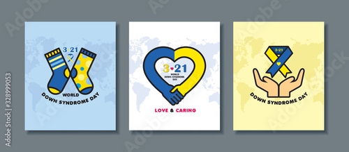 21 march - World Down Syndrome Day icon or symbol set in flat design. Yellow & blue color sock with text and world map. Minimal Down Syndrome Awareness concept art. Vector illustration.