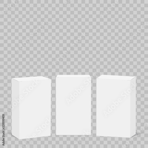 White cardboard box mock up on transparent background. Set of cosmetic or medical packings. Vector