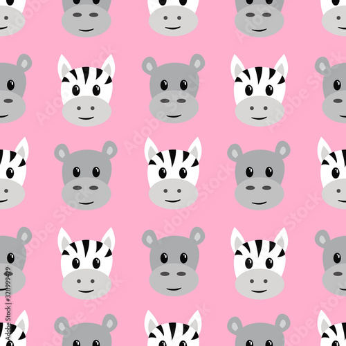 Fototapeta Naklejka Na Ścianę i Meble -  Seamless pattern with cartoon hippo and zebra.Children print, textile design.