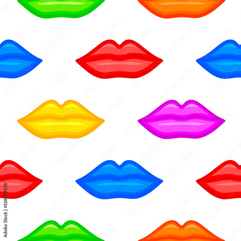 Colorful lips seamless pattern. Cosmetics and makeup of woman. Vector illustration isolated on white background. Colorful lips seamless pattern. Cosmetics and makeup of woman. Vector illustration isolated on white background.