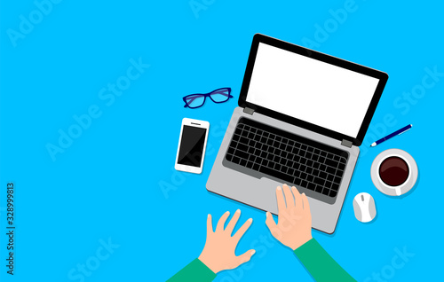 Top view of working on laptop. Business objectives goals progress improvement concept. Vector illustration on blue background.