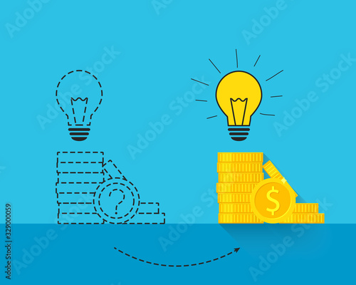 Stack of coins and light bulb as idea, business and finances concept. Dotted lines materializing after achieving success.