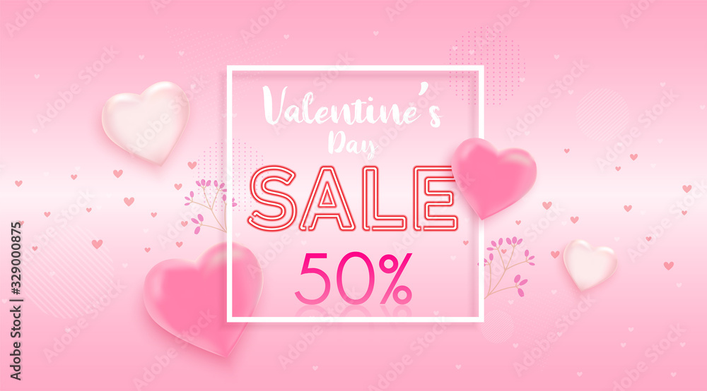 Happy valentine's day sale banner. Holiday background with flying balloons and streamers.Vector illustration for website,posters,ads,coupons,promotional material.