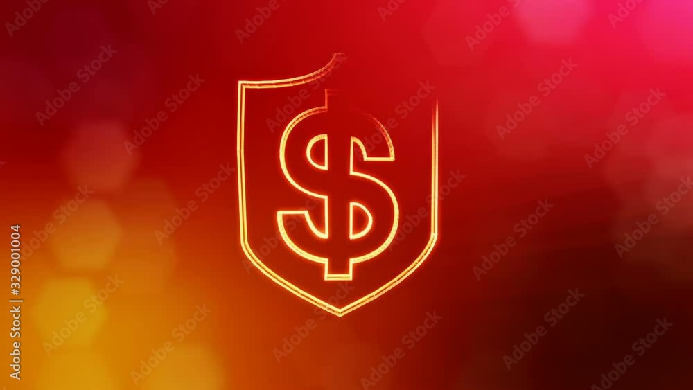 dollar sign in emblem of shield. Finance background of luminous particles. 3D seamless animation with depth of field, bokeh and copy space for your text. dollar sign in emblem of shield. Finance background of luminous particles. 3D seamless animation with depth of field, bokeh and copy space for your text.