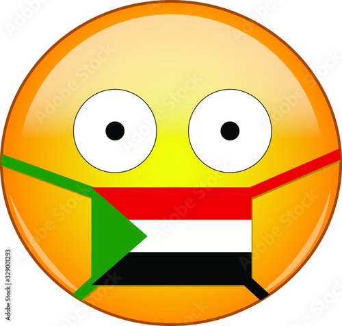 Yellow scared emoji in Sudanese medical mask protecting from SARS, coronavirus, bird flu and other viruses, germs and bacteria and contagious disease as well as toxic smog in Sudan.