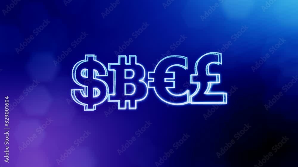 symbol bitcoin dollar euro pound. Financial background made of glow particles as vitrtual hologram. 3D seamless animation with depth of field, bokeh and copy space. symbol bitcoin dollar euro pound. Financial background made of glow particles as vitrtual hologram. 3D seamless animation with depth of field, bokeh and copy space.