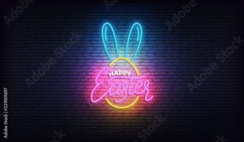 Easter neon sign. Glowing colorful lettering badge for Easter celebration