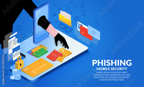 The hacker hands extending from the phone to steal money.Hacking credit cards, passwords and personal information.Cyber banking account attack and email phishing concept. Isometric illustrator vector.