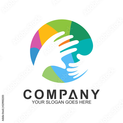 family connection, hand care logo, caring icon, charity and adoption logo design, hand in colorful circle shape vector illustration