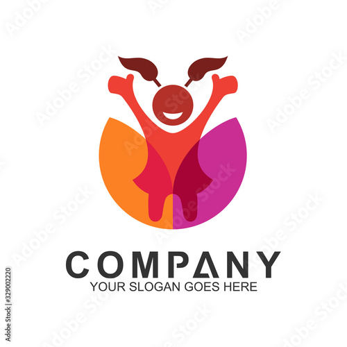 happy girl logo design, kids care icon, cute little girl vector