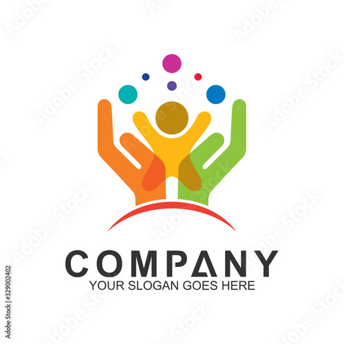 family care, healthy and happy logo elements. vector logo template of hand with people in circle shape