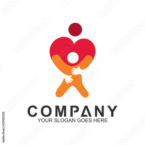children love and care logo, parent hugging kids vector logo illustration, charity, adoption and healthy family logo template
