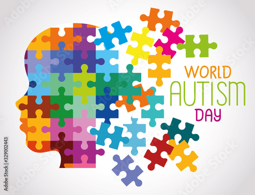 world autism day and head of puzzle pieces vector illustration design