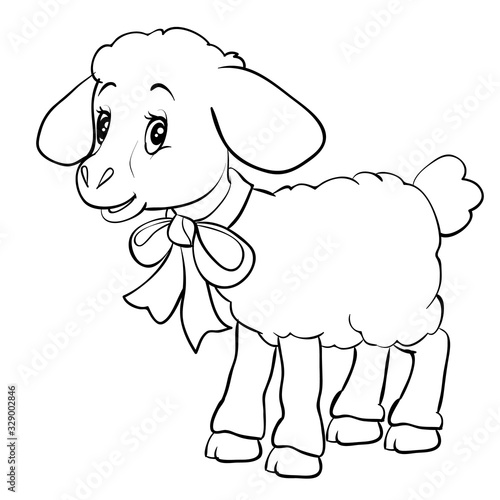 cartoon style little lamb with a bow on the neck is drawn in outline, isolated object on a white background, vector illustration,