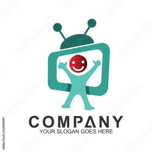 kid with television vector logo design for children channel and entertainment, media and technology for children, happy family, parenting, human community care.