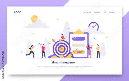 Teamwork concept with tiny people characters working together with big target and tiny people characters. Teamwork and time management concept flat style design vector illustration isolated white.