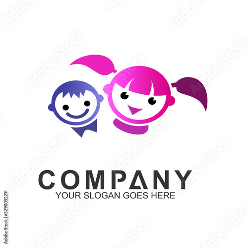 vector of faces of boys and girls smiling for kids care logo, happy child icon, playful children symbol