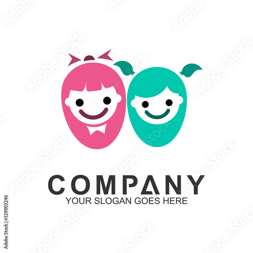 vector of faces of boys and girls smiling for kids care logo, happy child icon, playful children symbol