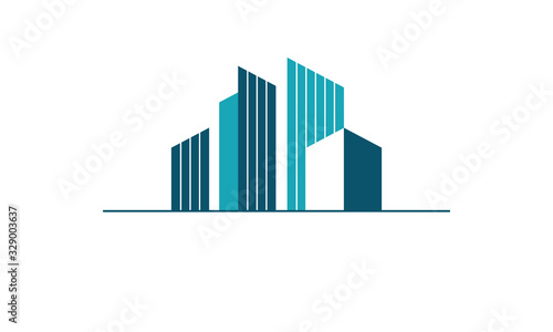 Teal, flat, abstract vector of tall and short buildings which sit on a line with empty copy space for text below. Icon is great for real estate, architecture or construction logo or badge for branding
