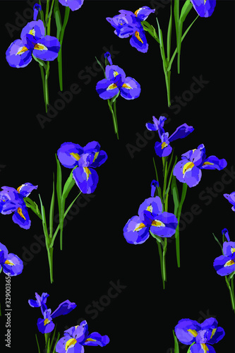 Irises flowers vector seamless background pattern hand drawn. Vector illustration. Textile design, wrapping paper.