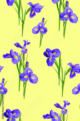 Irises flowers vector seamless background pattern hand drawn. Vector illustration. Textile design, wrapping paper.