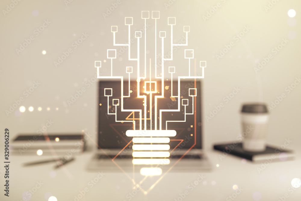 Fototapeta premium Creative light bulb with chip hologram on modern laptop background, artificial Intelligence and neural networks concept. Multiexposure