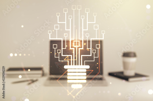 Creative light bulb with chip hologram on modern laptop background, artificial Intelligence and neural networks concept. Multiexposure