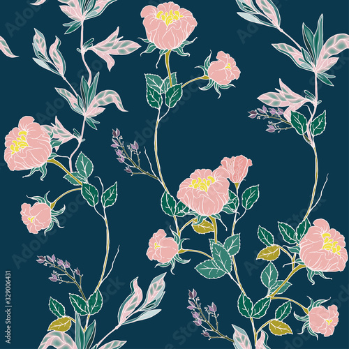 Delicate pink twigs of wild roses with inflorescences, leaves and petals on a dark blue background. Floral seamless pattern.
